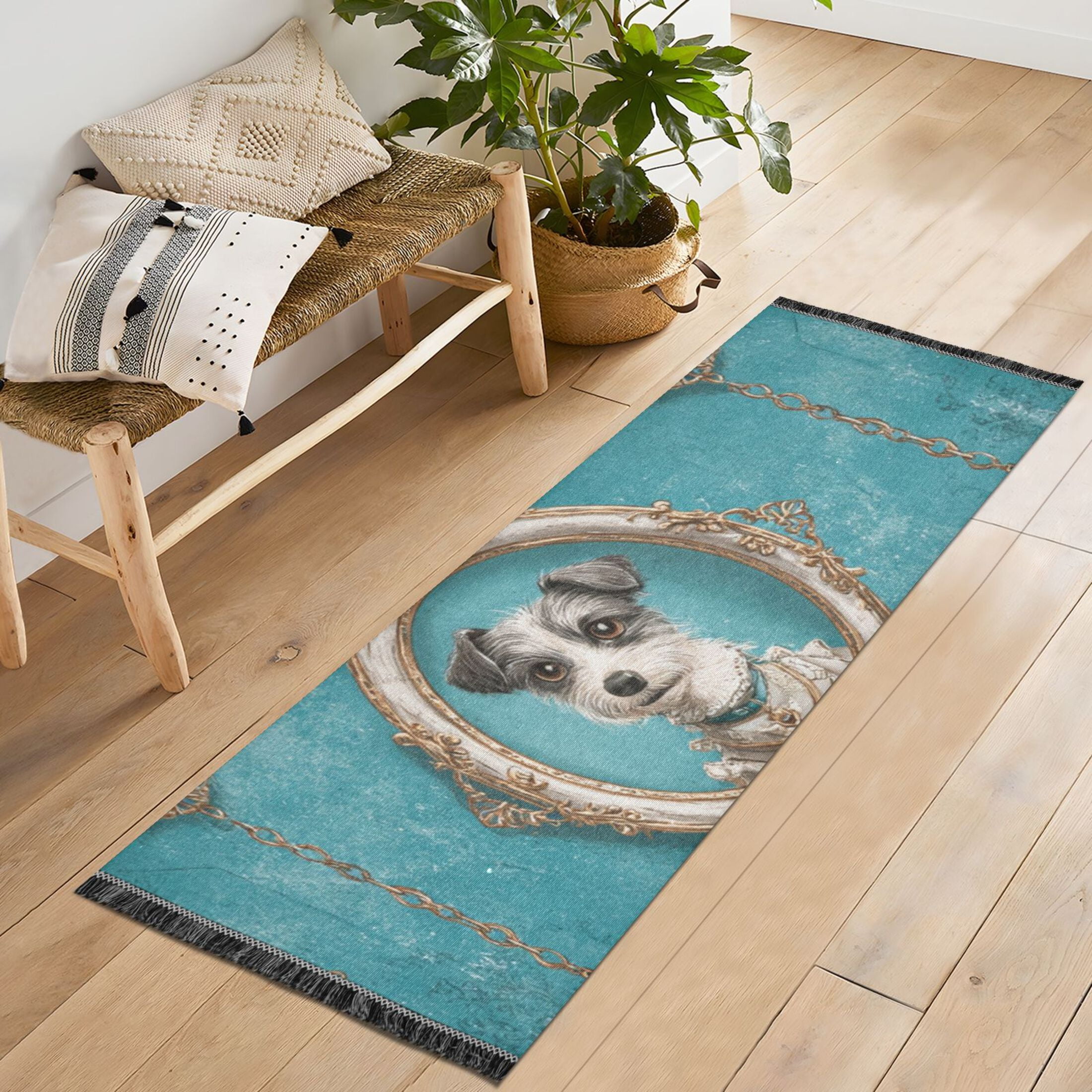 Bedroom Hallway Indoor Outdoor Mat With Rubber Backing Runner Rug Long Portrait Frames and Gold Chains