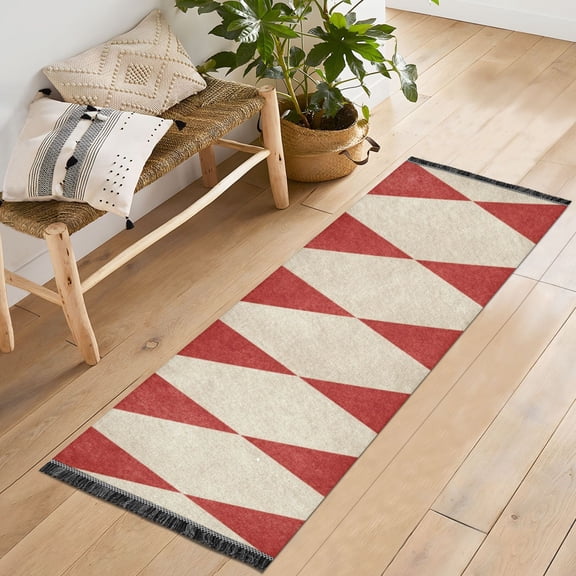 Bedroom Hallway Indoor Outdoor Mat With Rubber Backing Runner Rug Long Red&white Harlequin Pattern