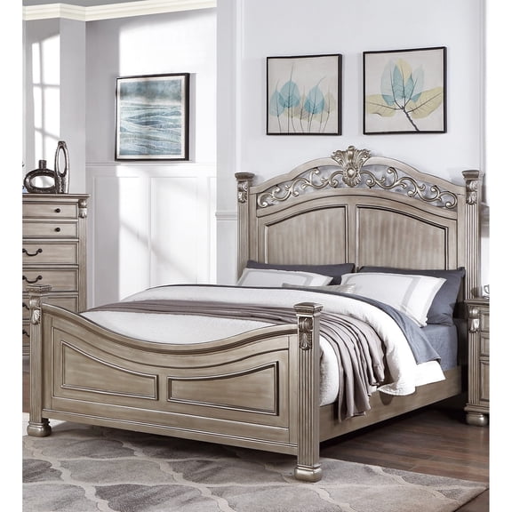 Bedroom King Bed, Antique Champagne, American Traditional Style Bedframe Silver Color, With Details