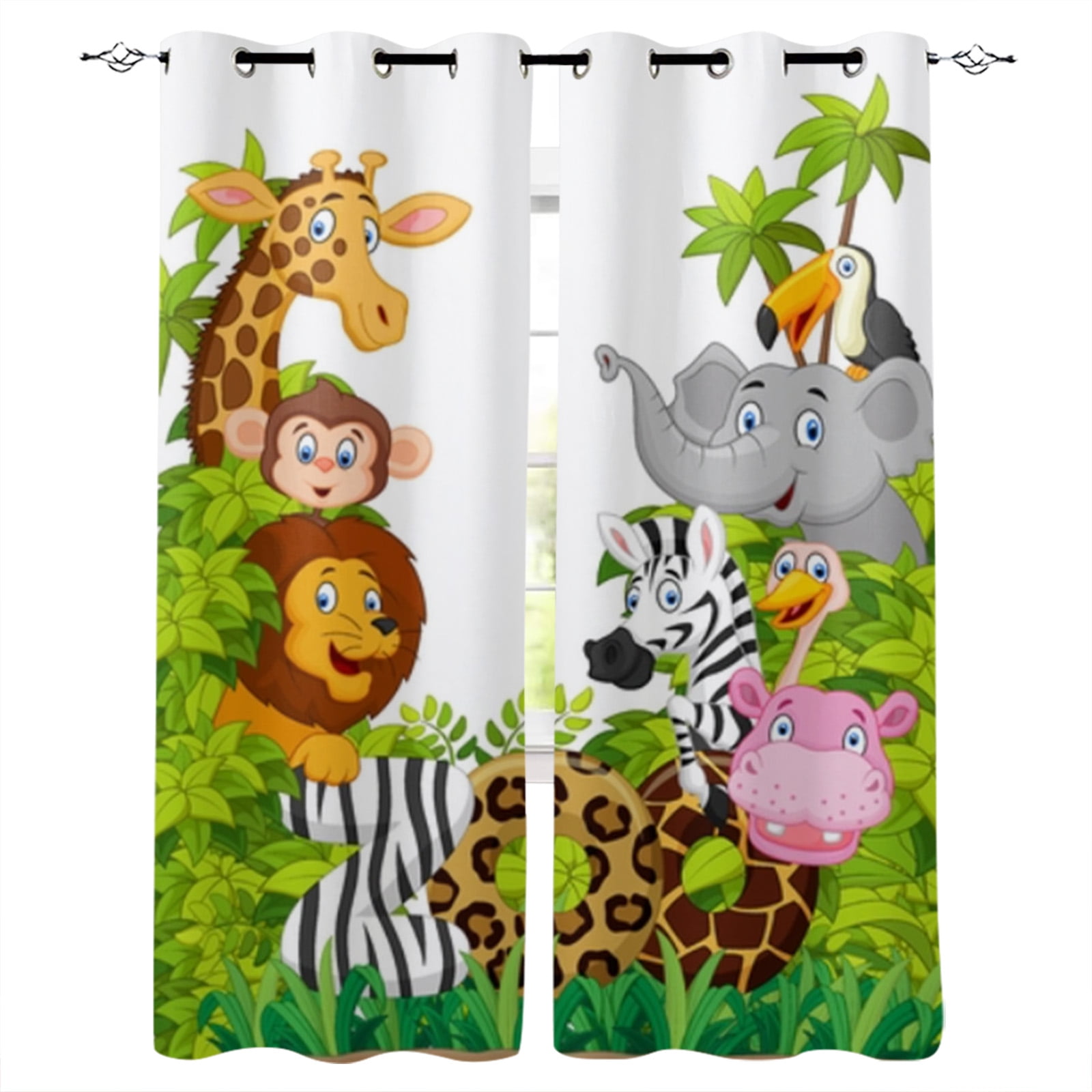 2Pcs Tropical Jungle Animal Cartoon Curtains Living Room Bedroom Window Decor or Kids Room