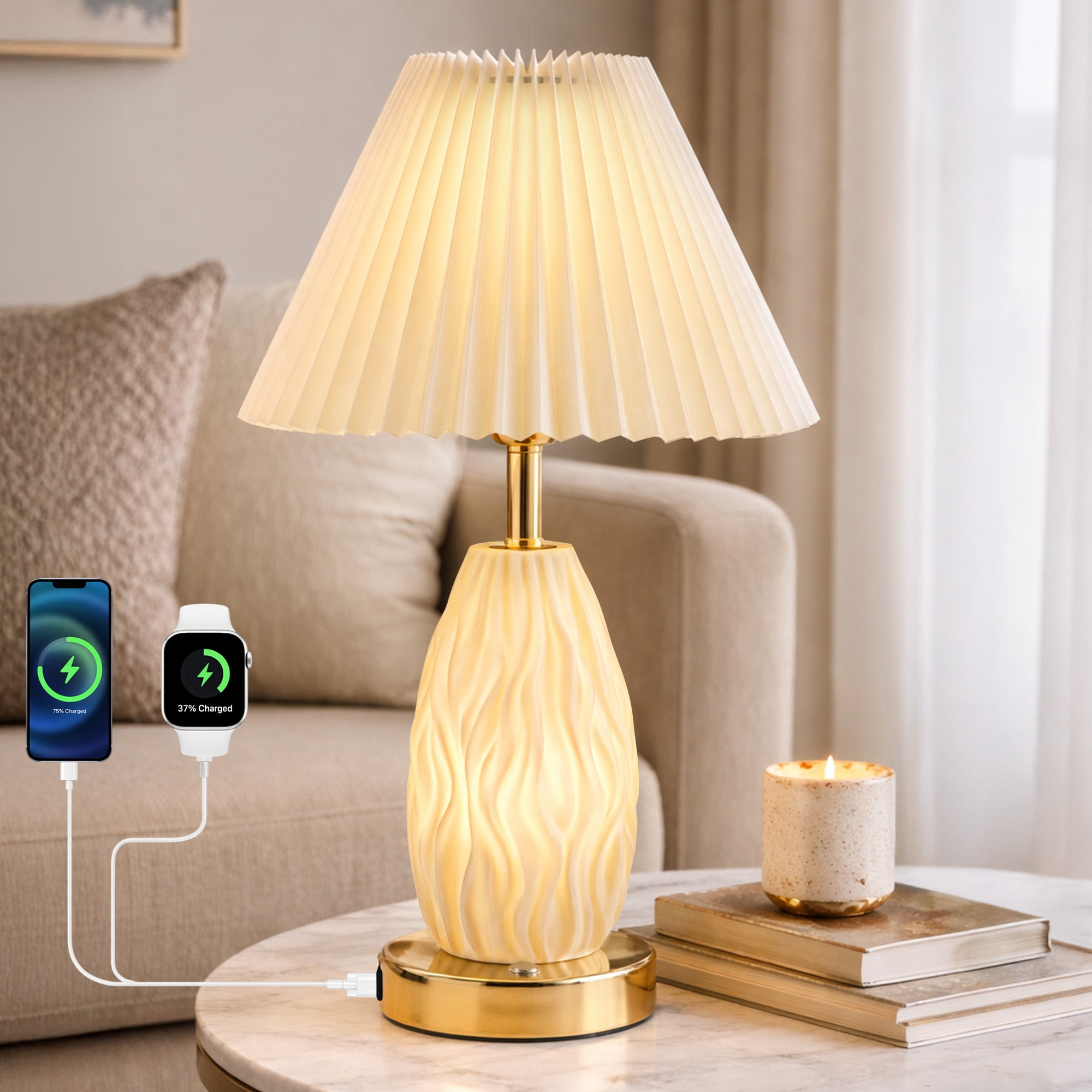 HadinEEon 17.5" Table Lamp with USB A&C Ports and Night Light, Touch Control 3 Way Dimmable Beside Lamp, for Bedroom Living Room Office, Beige