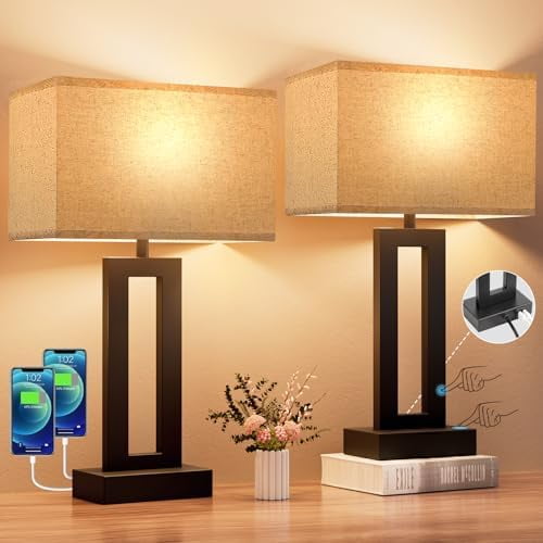 Bedroom Lamps for Night Stands - Touch Control, 3 Way Dimmable, USB C+A Charging, LED Bulbs, Easy Assembly