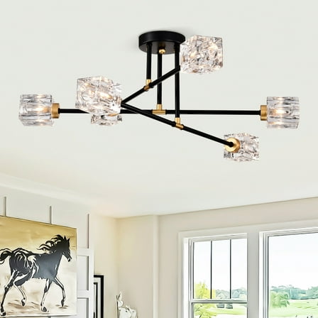 Bedroom Lights Modern Ceiling Lamp with Light Fixture (6*G9 Bulbs Included),Modern Semi Flush Mount Light Fixture Crystal Chandelier for Dining Room, Bedroom, Living Room--Matte Black +Matte Gold,B