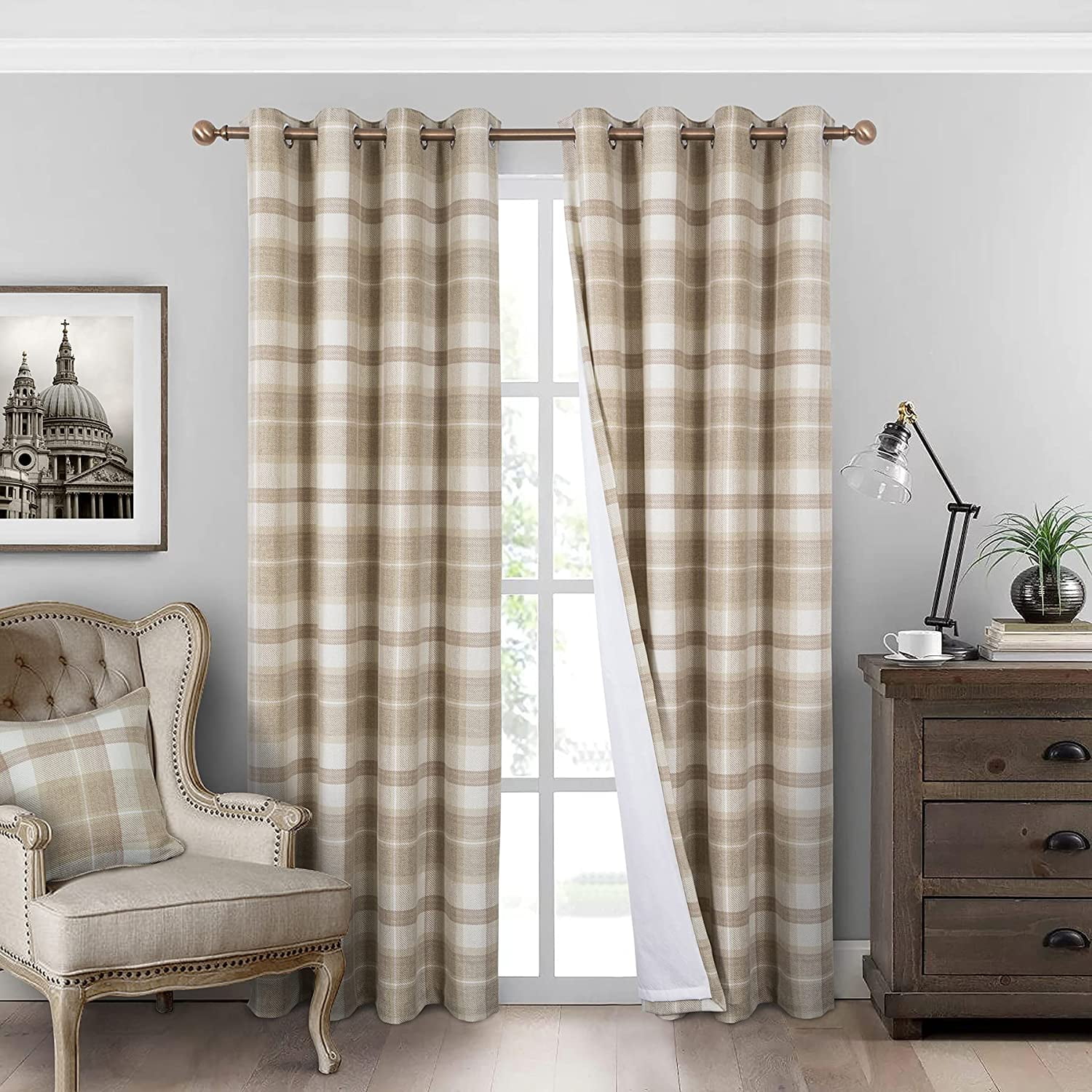 Bedroom Living Room Plaid Curtains 100% Blackout Heat Insulation Energy Saving Grommet Curtains Beige Plaid Curtains 42"W x 84"L (Pack of 2)