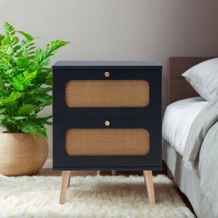 Bedroom & Living Room Rattan End Table - 2 Handmade Rattan Drawers, 50lbs Capacity