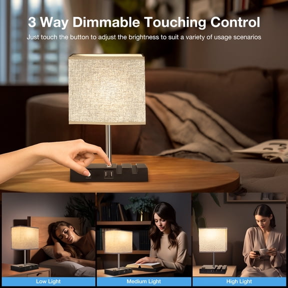 For Bedroom Living RoomTouch Control Bedside Table Lamp,Fabric Nightstand Lamp 3 Way Dimmable,with 2 USB Charging Ports, 1 AC Outlets and 2 Phone Stands,