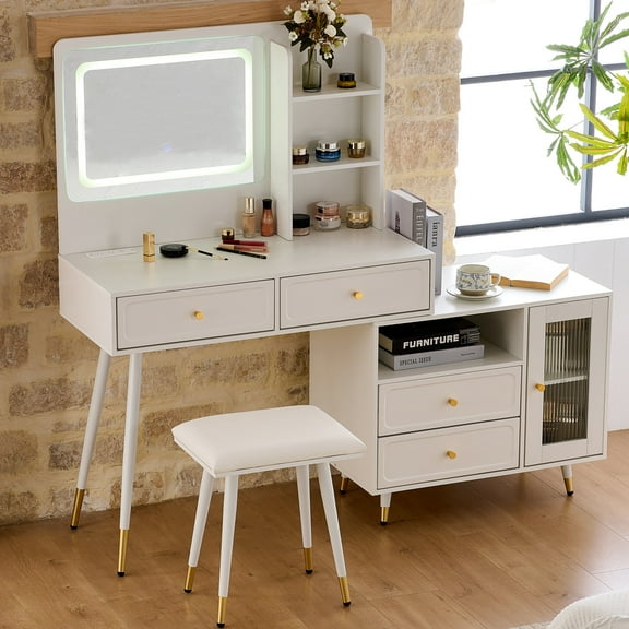 Bedroom Makeup Vanities, Modern Makeup Vanity Desk with Mirror and Lights, Retractable Dressing Table with Drawers and Cabinet, Compact Makeup Table Set with Power Outlet for Bedroom, White