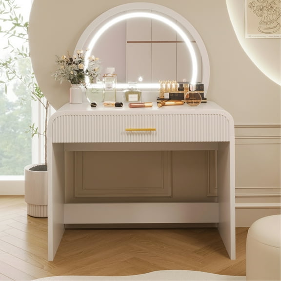 39" White Makeup Vanity Table For Bedroom. Touch Screen Mirror With Lights & Drawer. Elegant Curved Design. Enough Storage Cosmetics. And Practical. Simple To Install