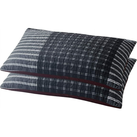 Bedroom Modern Decorative Ultra Soft Pillow Shams Set of 2 (King / Cal King, Black/Grey / Red Plaid Shams)