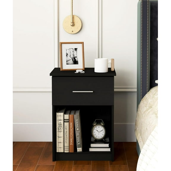 Bedroom Nightstand, Black Bedside Table with Drawer and Cubby Modern End Tables for Living Room Wood Bedside Stand for Bedroom