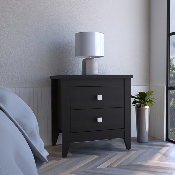 Bedroom Nightstand - Black. Two Drawer End Table With Smooth Sliders. And Functional Nightstand, Shelves, Four Legs Black, For