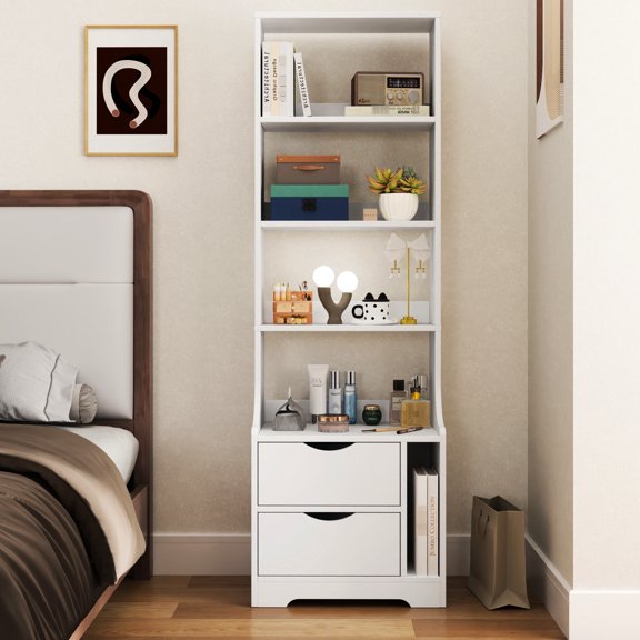 Bedroom Nightstand With Bookshelf And 2 Drawers, 18.63*13.68*57.08 In, Stylish Storage Solution Drawers & Bookshelf, Functional Furniture For A Neat Space