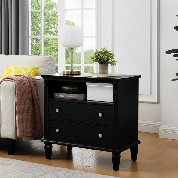 Bedroom Nightstand With Ports - 2 Drawers & Open Space, Chargers Outlets, Solid Wood Legs End Table Storage Charging Shelf, Mid-century Modern Style, Leg Construction