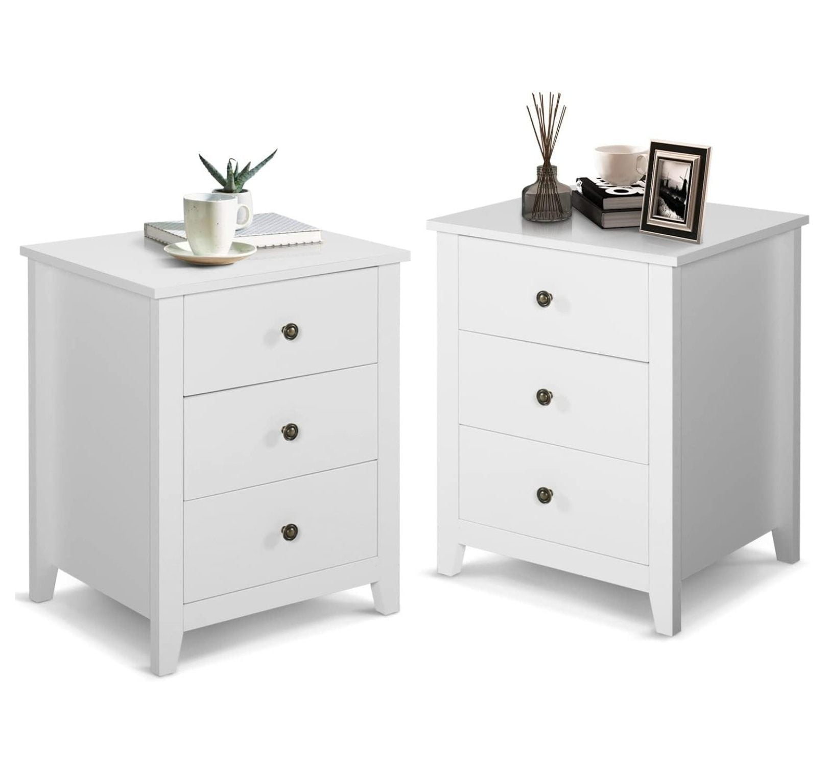 Bedroom Nightstand, Set of 2 White Nightstand with 3 Storage Drawers ...