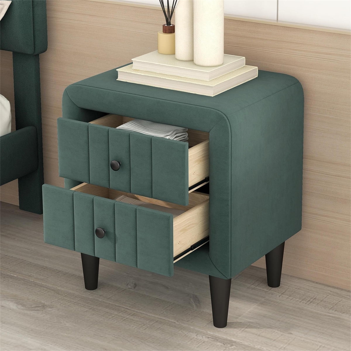 Bedroom Nightstand, Upholstered Wooden Nightstand with 2 Drawers