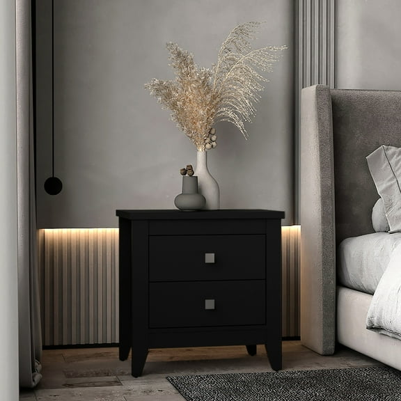 Bedroom Nightstand With 2 Drawers In Classic Black Finish 2 Elegant Stable Four Legs