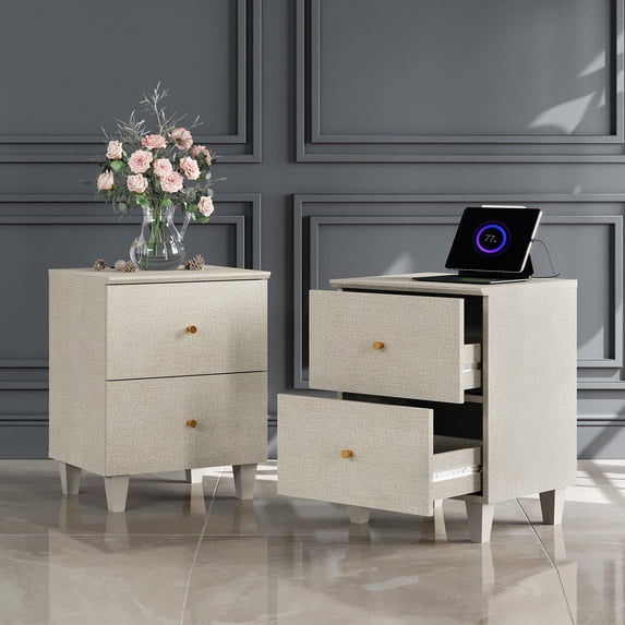 Bedroom Nightstands - Set of 2, Bedside Table with 2 Deep Drawers and Charging Station, Beige