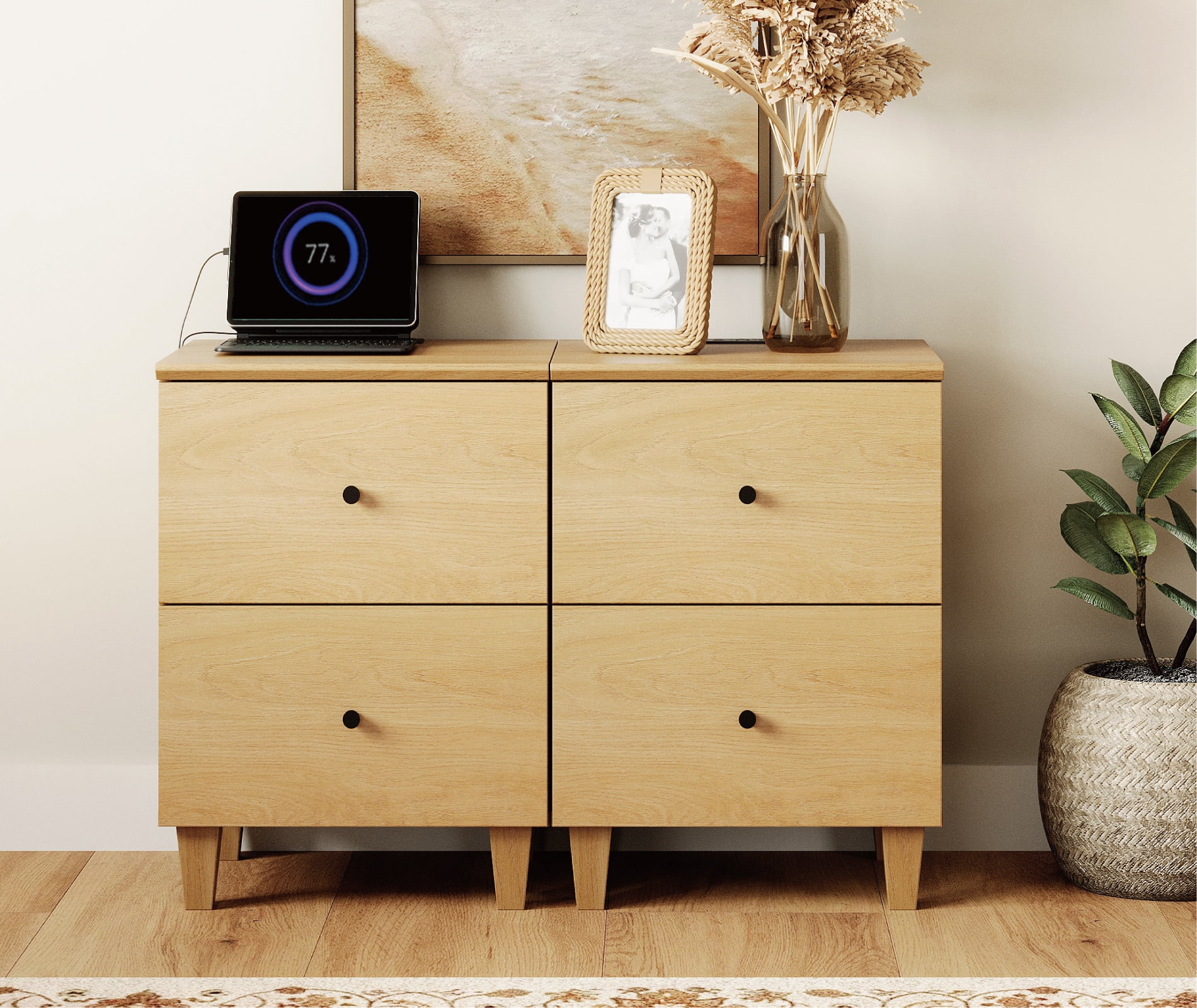 Bedroom Nightstands - Set of 2, Bedside Table with 2 Deep Drawers and Charging Station, Oak