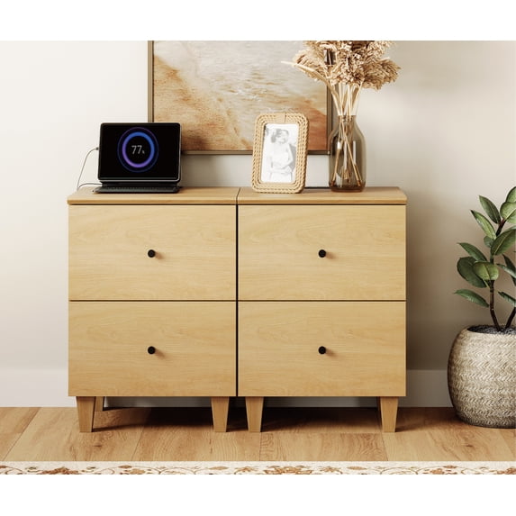Bedroom Nightstands - Set of 2, Bedside Table with 2 Deep Drawers and Charging Station, Oak