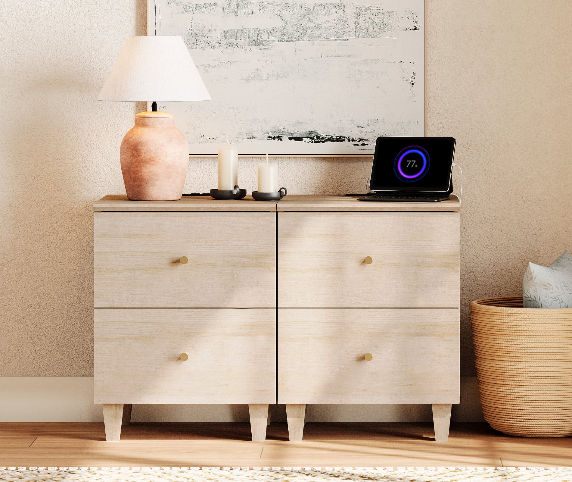 Bedroom Nightstands - Set of 2, Bedside Table with 2 Deep Drawers and Charging Station, White Oak