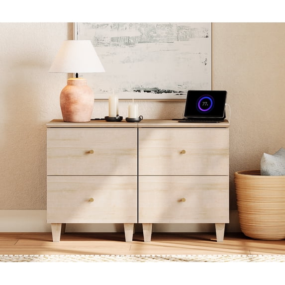 Bedroom Nightstands - Set of 2, Bedside Table with 2 Deep Drawers and Charging Station, White Oak