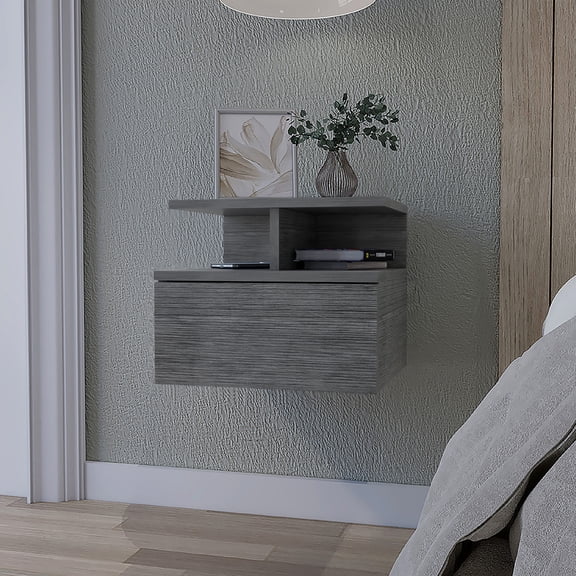 Bedroom Open Storage Wall-Mount Nightstand | 1 Drawer and 2-Tier Shelf | High-Quality Engineered Pine | Alleviates Bedroom Storage Pressures