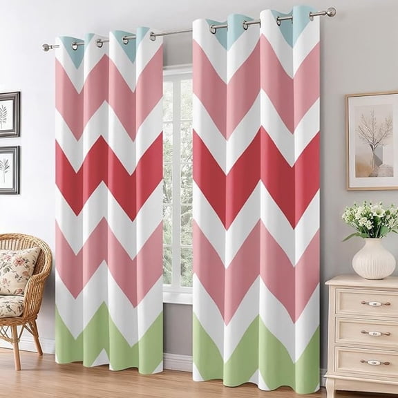 Bedroom Pink Green Zigzag Curtains, Home Decor Colorful Chevron Curtains Blackout for Living Room, Thermal Eyelet Geometric Zigzag Window Treatments 53"W x 96"L