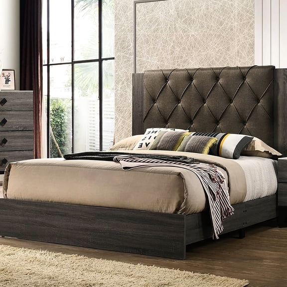 Bedroom Queen Bed, Gray, Headboard, Rubberwood Structure, Modern Contemporary Gray Finish, Furniture