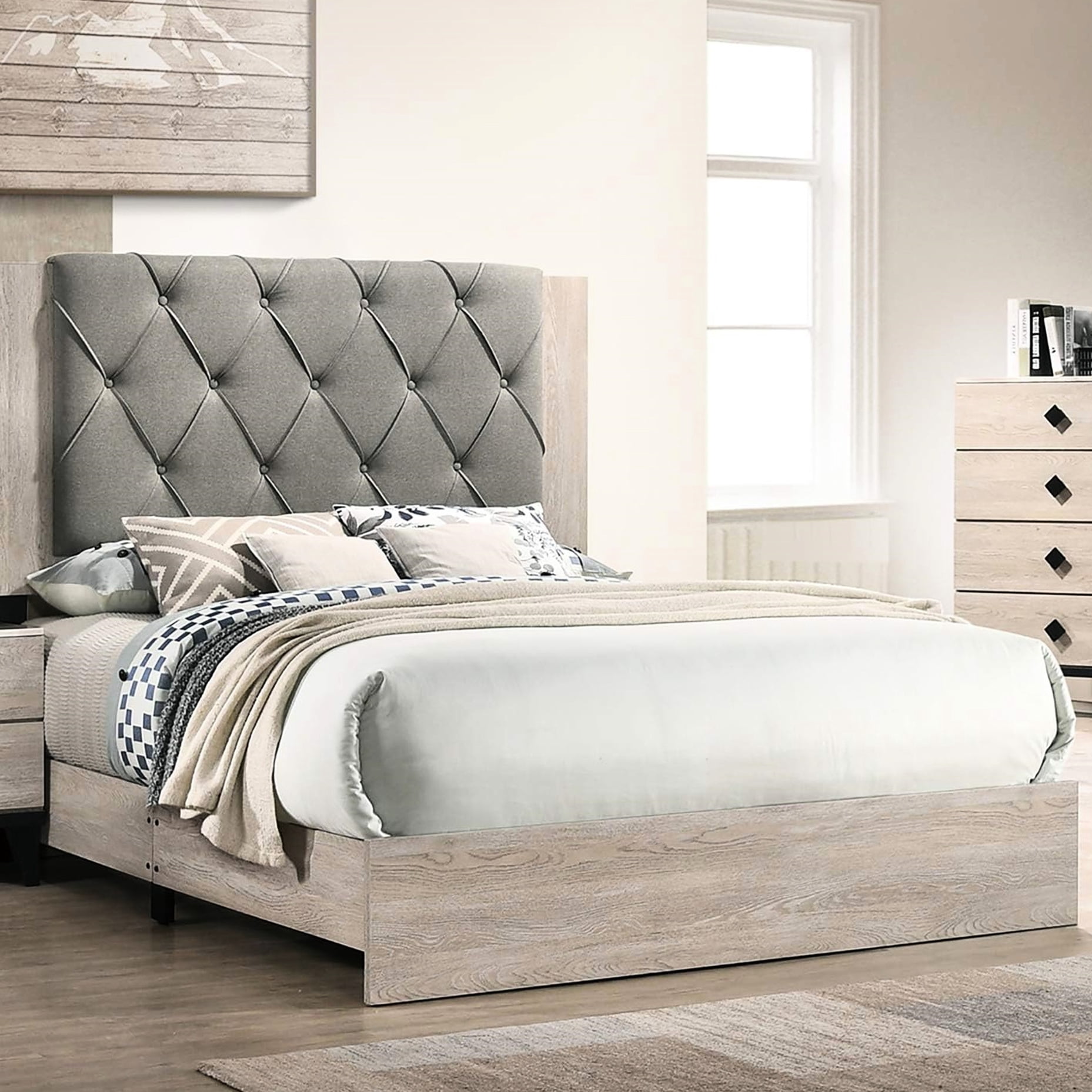 Bedroom Queen Bed, Headboard In Cream And Gray, Rubberwood Frame ...