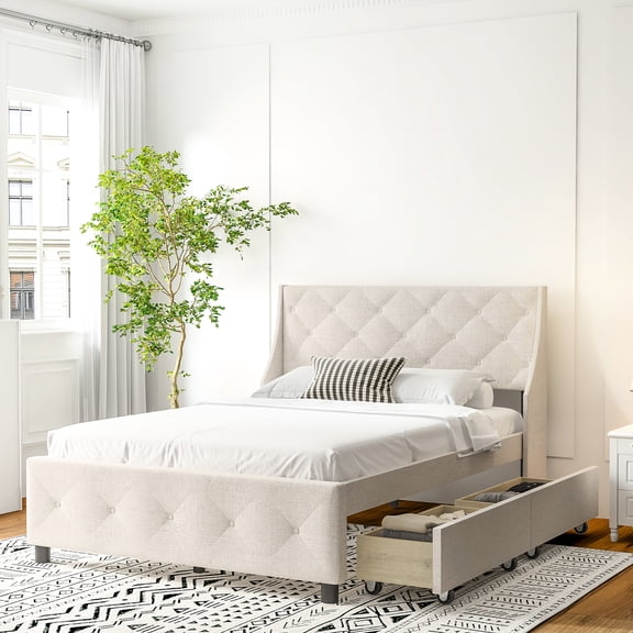 Bedroom Queen Size Bed Frame With Storage Facilities - Metal Platform, Silent, No Box Spring Requirement Space , Noise