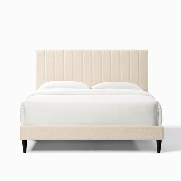 Bedroom Queen Size Platform Bed In Pearl White With Base And Noise Minimization Upholstered Noise-minimizing Straps Construction