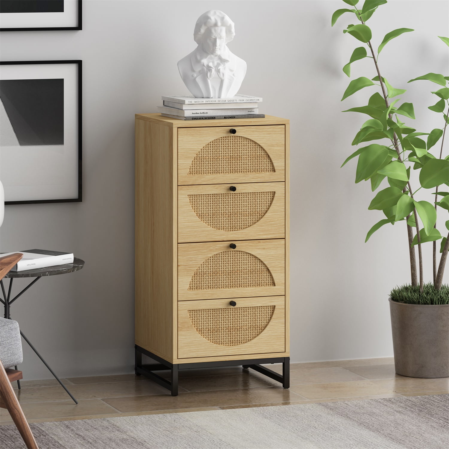 Bedroom Rattan Nightstand, Accent Dresser , Storage Cabinet with 4 Drawer for Living Room