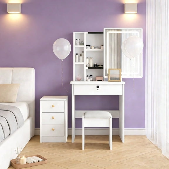 Bedroom Romantic Valentine Gift LED Vanity Mirror Desk: 3 Drawer Low Cabinet Independent Upholstered Stool, Flexible Free Combination