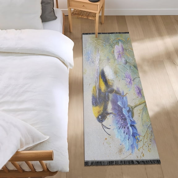 Bedroom Rug Bedroom Long Carpet Indoor Non-Slip Durable Carpet Floor Mat Runner Rug Bedroom Hallway Carpet Machine Washable Bumblebee on Flowers