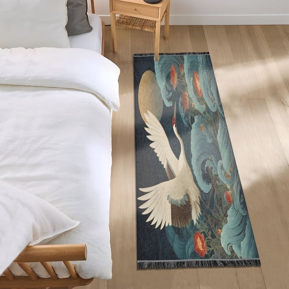 Bedroom Rug Bedroom Long Carpet Indoor Non-Slip Durable Carpet Floor Mat Runner Rug Bedroom Hallway Carpet Machine Washable Crane Sea Waves