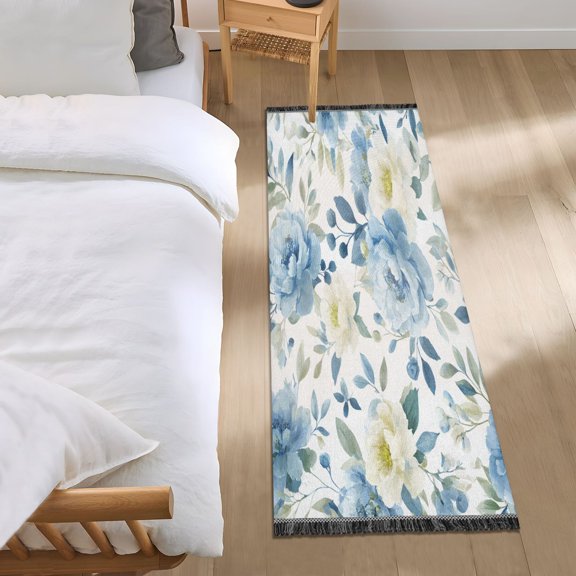 Bedroom Rug Bedroom Long Carpet Indoor Non-Slip Durable Carpet Floor Mat Runner Rug Bedroom Hallway Carpet Machine Washable Endless Blue White Floral
