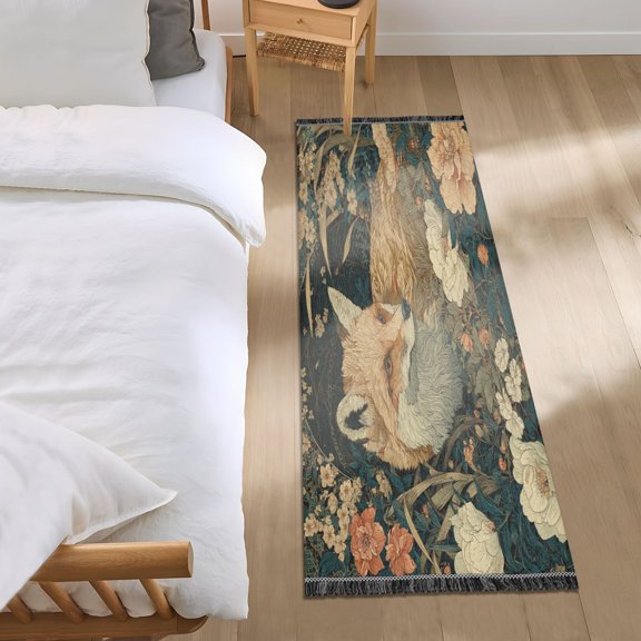 Bedroom Rug Bedroom Long Carpet Indoor Non-Slip Durable Carpet Floor Mat Runner Rug Bedroom Hallway Carpet Machine Washable Fox Flower Forest