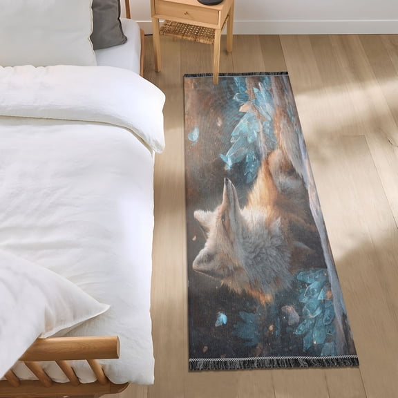 Bedroom Rug Bedroom Long Carpet Indoor Non-Slip Durable Carpet Floor Mat Runner Rug Bedroom Hallway Carpet Machine Washable Fox Sitting in Snow