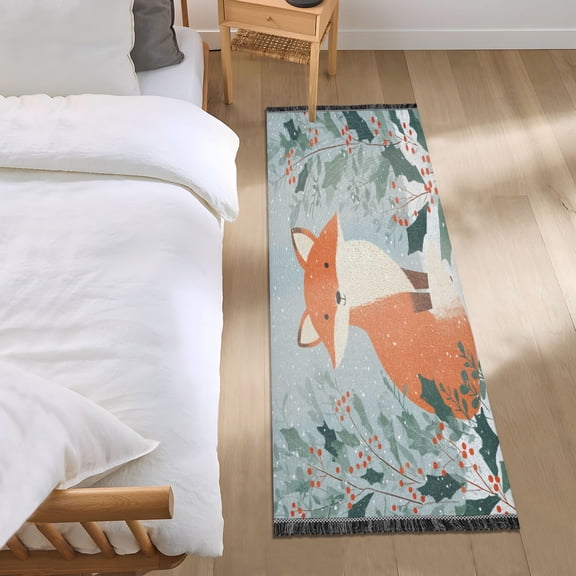 Bedroom Rug Bedroom Long Carpet Indoor Non-Slip Durable Carpet Floor Mat Runner Rug Bedroom Hallway Carpet Machine Washable Fox in Snow