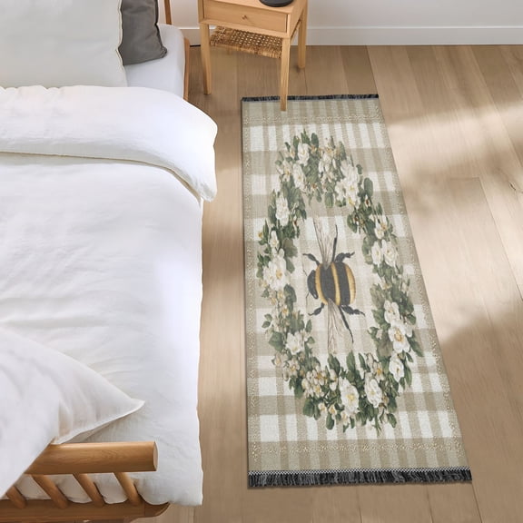 Bedroom Rug Bedroom Long Carpet Indoor Non-Slip Durable Carpet Floor Mat Runner Rug Bedroom Hallway Carpet Machine Washable Gingham Bumblebee Wreath