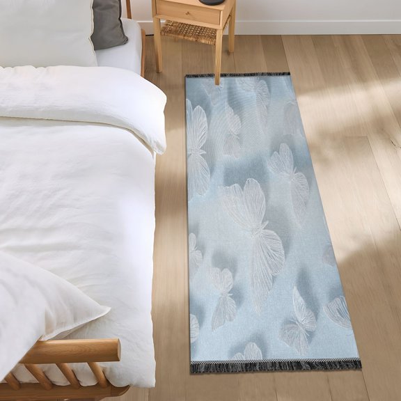 Bedroom Rug Bedroom Long Carpet Indoor Non-Slip Durable Carpet Floor Mat Runner Rug Bedroom Hallway Carpet Machine Washable Hand Drawn White Butterfly