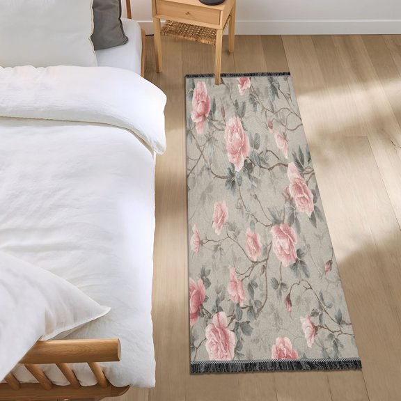 Bedroom Rug Bedroom Long Carpet Indoor Non-Slip Durable Carpet Floor Mat Runner Rug Bedroom Hallway Carpet Machine Washable Pale Pink Rose Pattern Art
