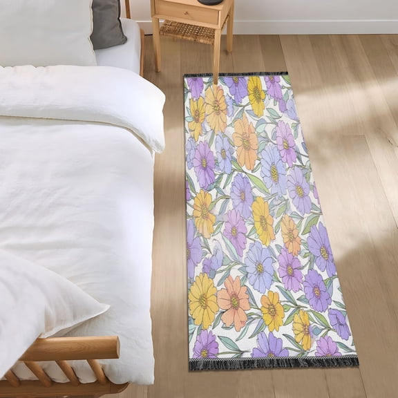Bedroom Rug Bedroom Long Carpet Indoor Non-Slip Durable Carpet Floor Mat Runner Rug Bedroom Hallway Carpet Machine Washable Pale Purple Flowers