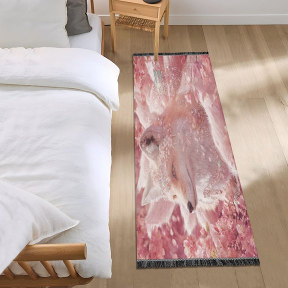 Bedroom Rug Bedroom Long Carpet Indoor Non-Slip Durable Carpet Floor Mat Runner Rug Bedroom Hallway Carpet Machine Washable Pink Fox