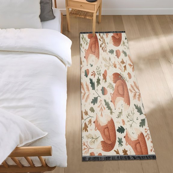 Bedroom Rug Bedroom Long Carpet Indoor Non-Slip Durable Carpet Floor Mat Runner Rug Bedroom Hallway Carpet Machine Washable Playful Foxes Red Acorns