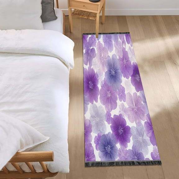 Bedroom Rug Bedroom Long Carpet Indoor Non-Slip Durable Carpet Floor Mat Runner Rug Bedroom Hallway Carpet Machine Washable Purple Flowers Pattern