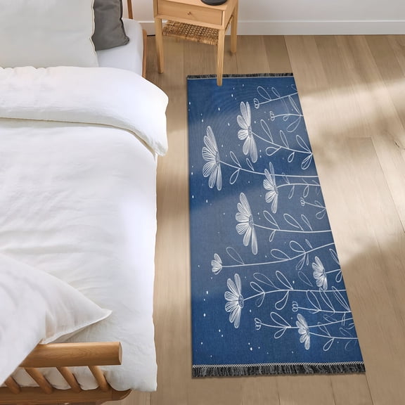Bedroom Rug Bedroom Long Carpet Indoor Non-Slip Durable Carpet Floor Mat Runner Rug Bedroom Hallway Carpet Machine Washable Simple White Outline Daisies