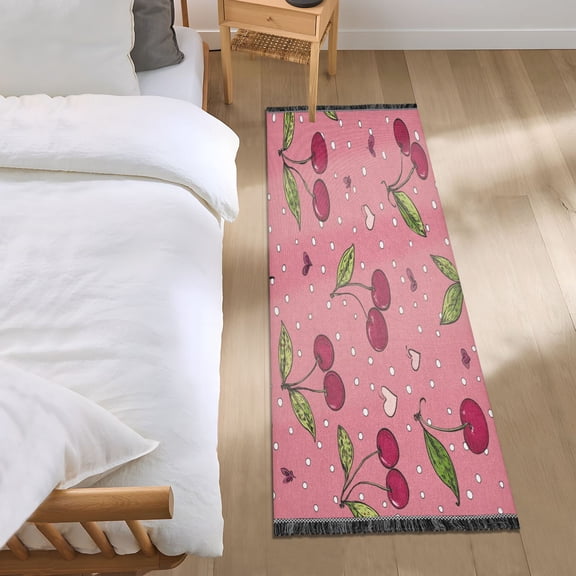 Bedroom Rug Bedroom Long Carpet Indoor Non-Slip Durable Carpet Floor Mat Runner Rug Bedroom Hallway Carpet Machine Washable Sweet Cherry Chart Pattern
