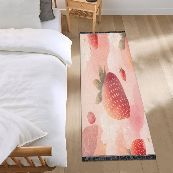 Bedroom Rug Bedroom Long Carpet Indoor Non-Slip Durable Carpet Floor Mat Runner Rug Bedroom Hallway Carpet Machine Washable Sweet Strawberry Hand Drawn
