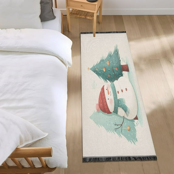 Bedroom Rug Bedroom Long Carpet Indoor Non-Slip Durable Carpet Floor Mat Runner Rug Bedroom Hallway Carpet Machine Washable Watercolor Christmas Snowman
